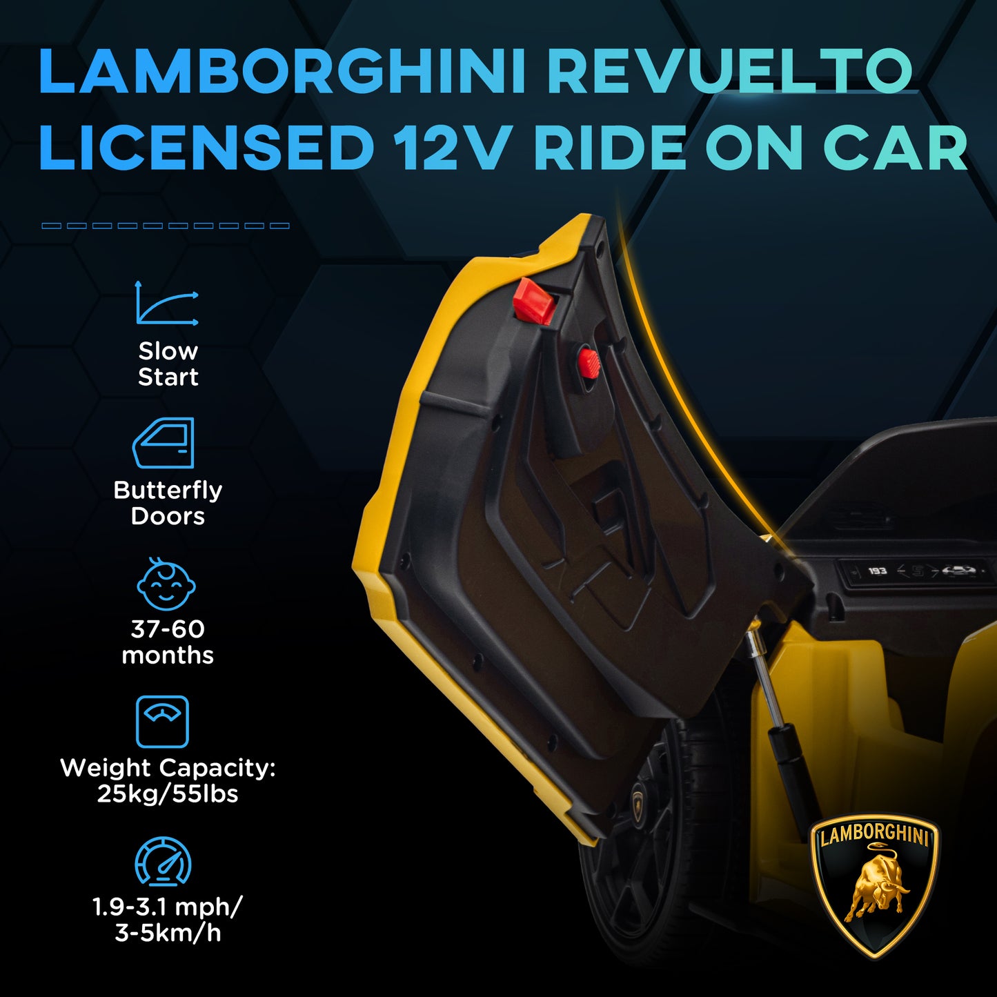 AIYAPLAY Licensed 12V Lamborghini Revuelto Ride-On Car with Butterfly Doors, Training Wheels, Remote Control - Yellow