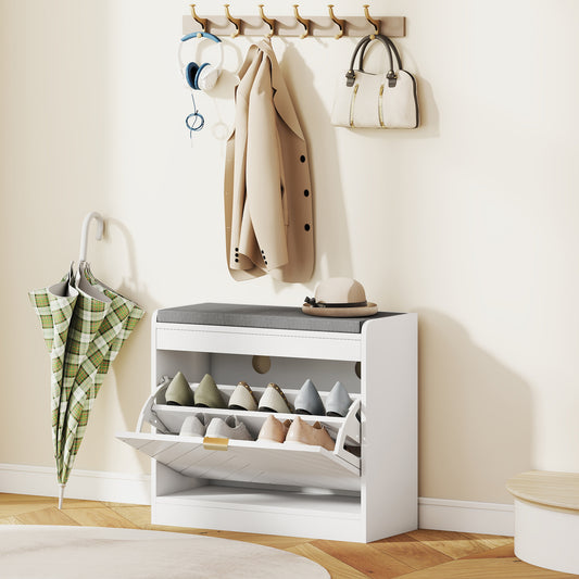 HOMCOM Upholstered Entryway Shoe Storage Bench With Seat And Flip Drawer And 4 Vents For 5 Pairs Shoes