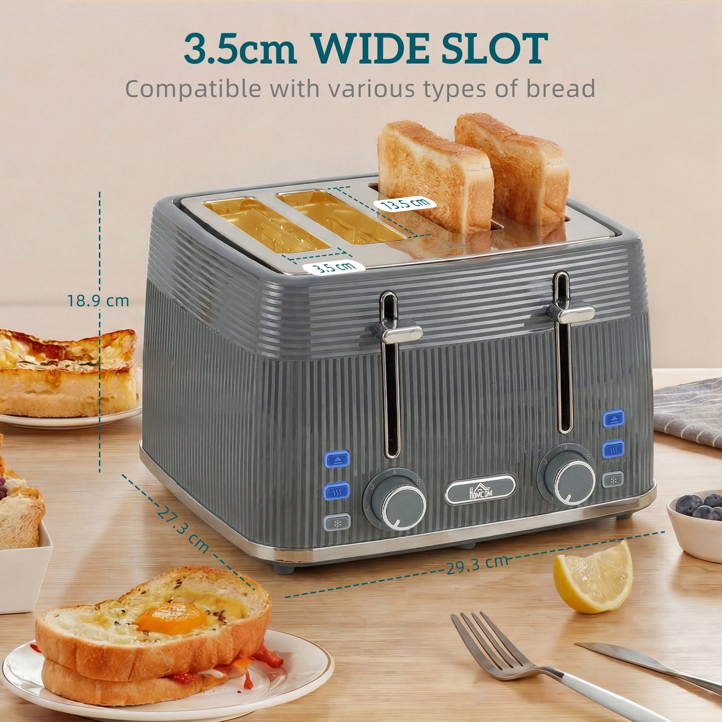 HOMCOM 4 Slice Toaster with Dual Controls and 7 Browning Levels Removable Crumb Tray Grey