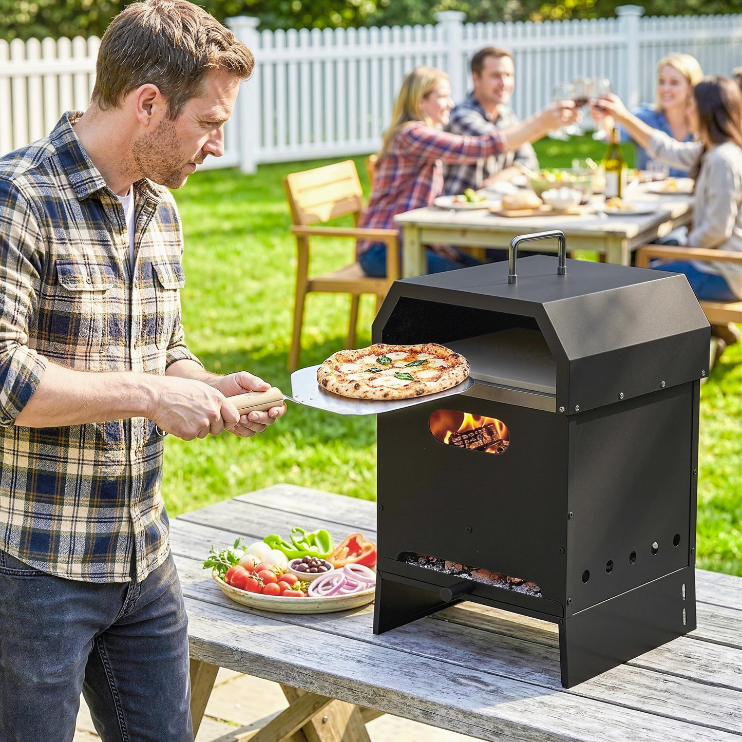 Outsunny 3 In 1 Outdoor Pizza Oven Portable Wood Fired Pizza Maker With Handles Stone And Peel Charcoal Grill