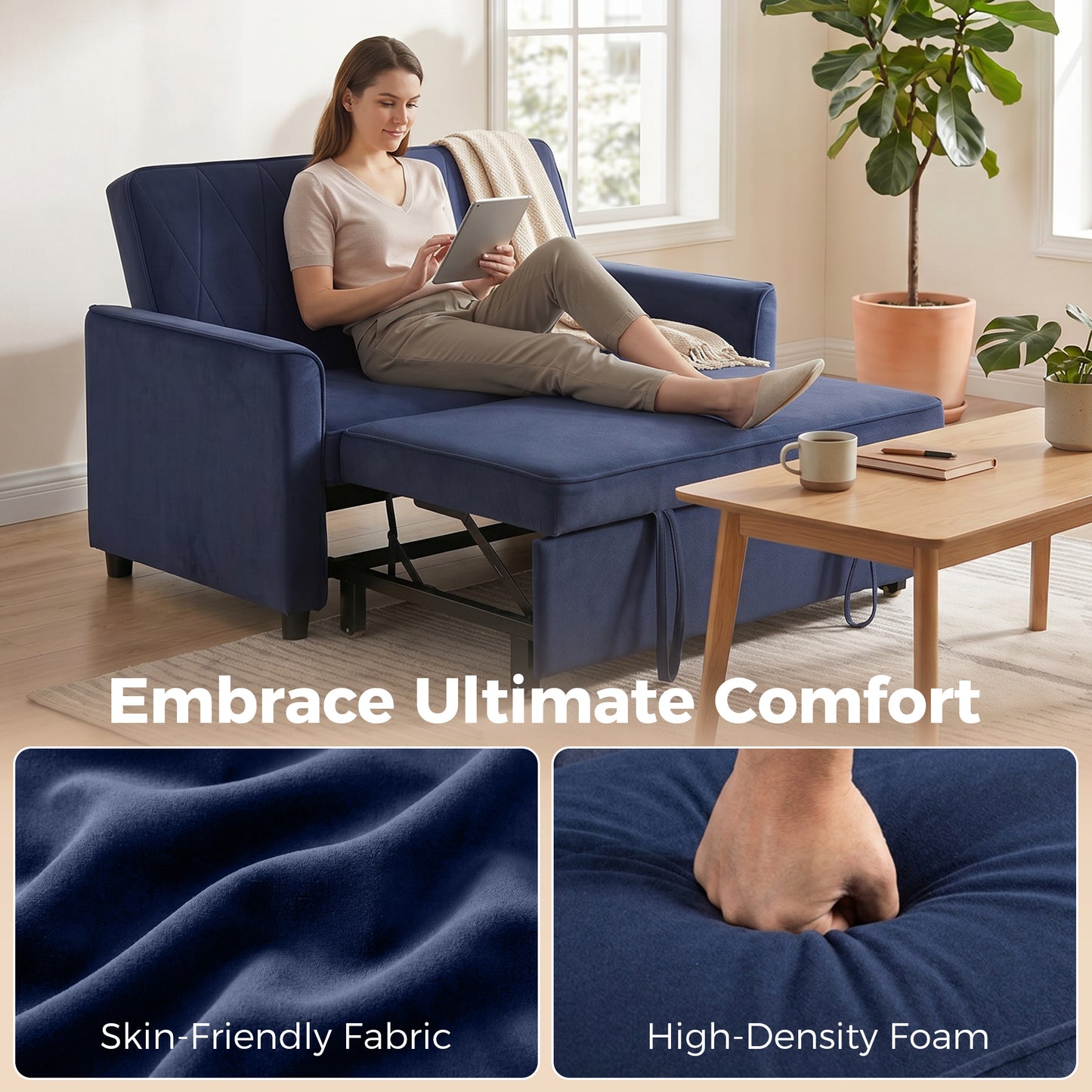 HOMCOM 2 Seater Sofa Bed 3 In 1 Convertible Pull Out Sleeper Sofa With Clik Clack Adjustable Backrest Dark Blue Velvet
