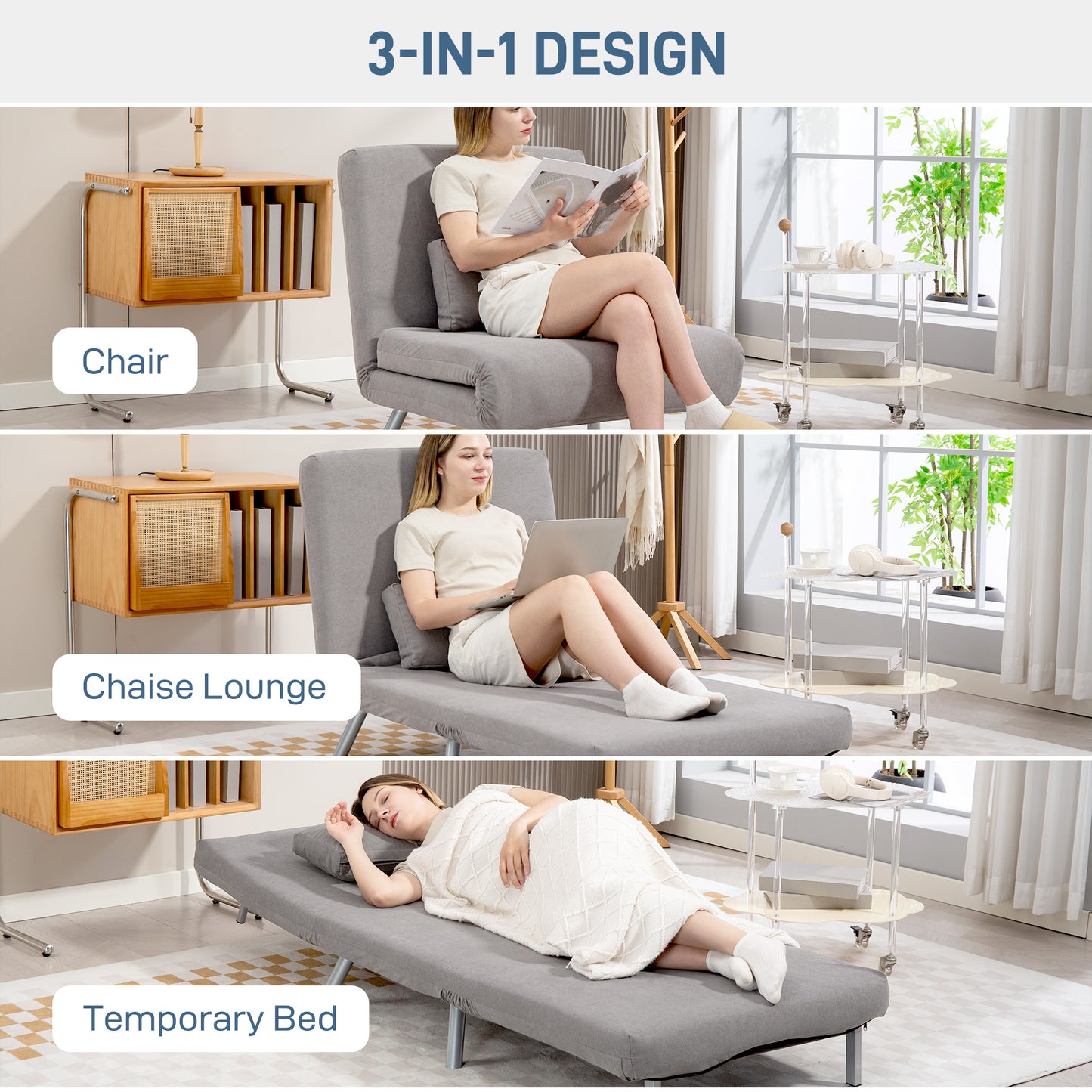 HOMCOM Snow Flannel Chair Bed With Click Clack Mechanism Grey Converts From Chair To Chaise Or Bed