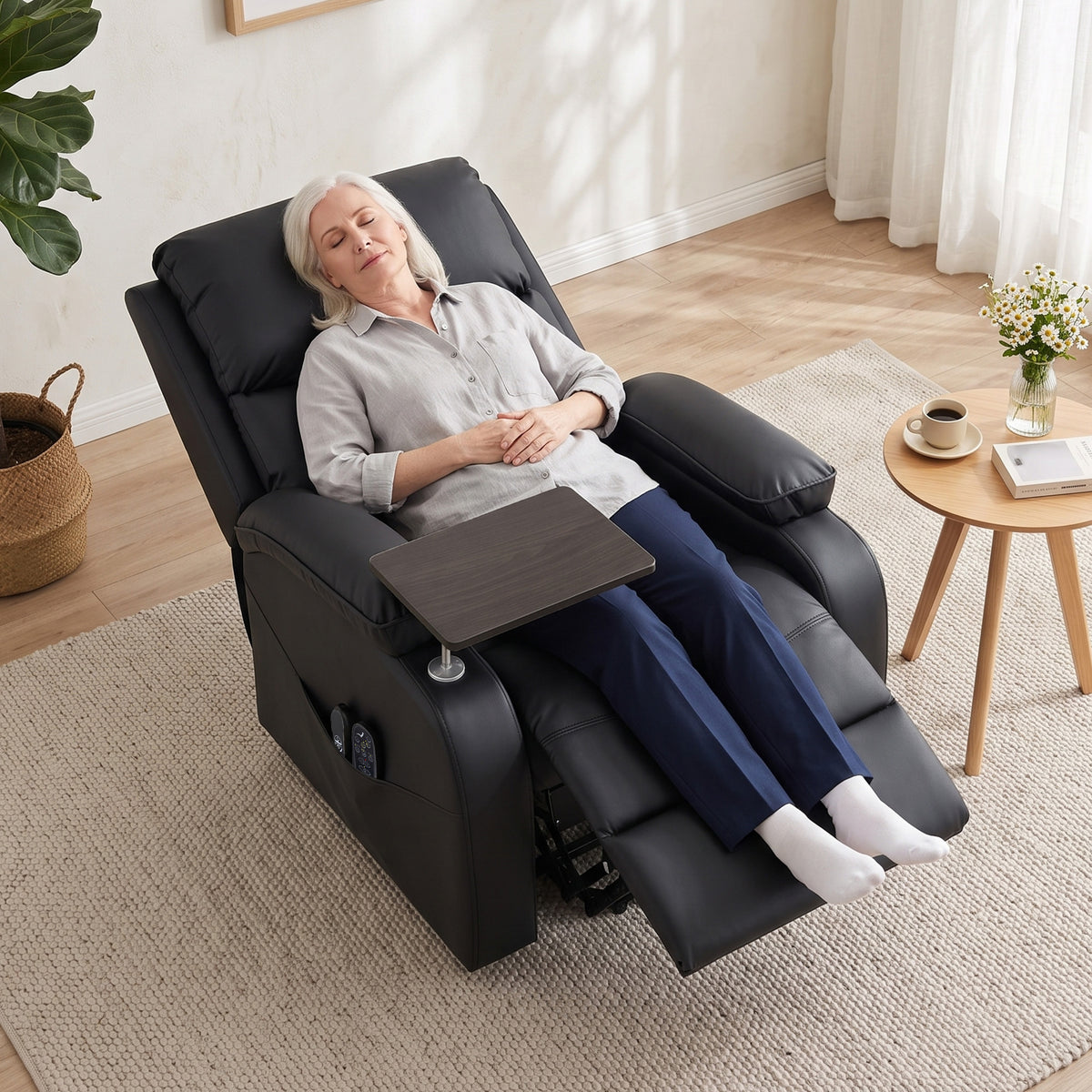 Electric lift recliner with removable side table, dark upholstery, and reclined seat position