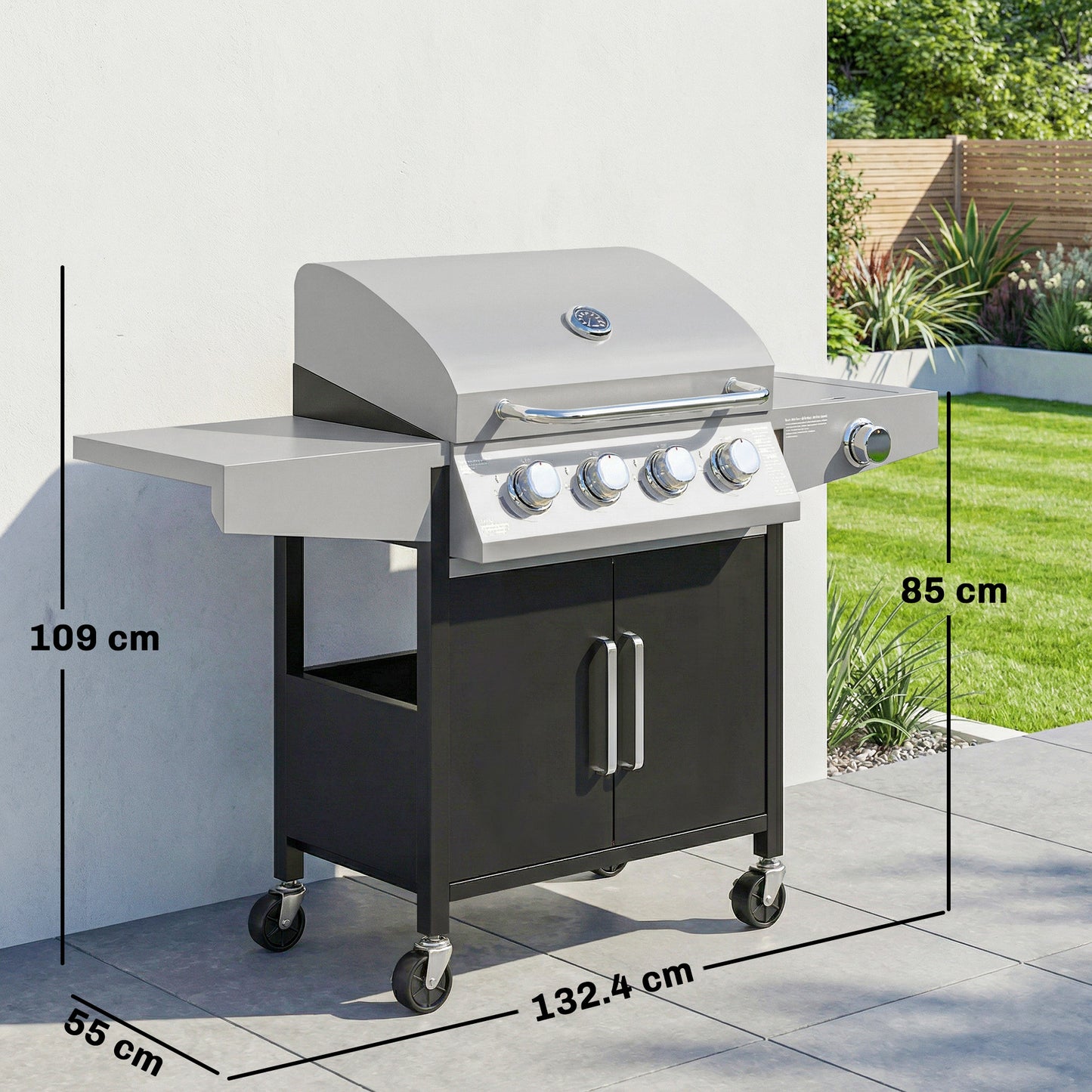 Outsunny Four Burner And One Side Burner Gas BBQ Grill 50000 BTU Steel Portable With Built In Thermometer And Lid