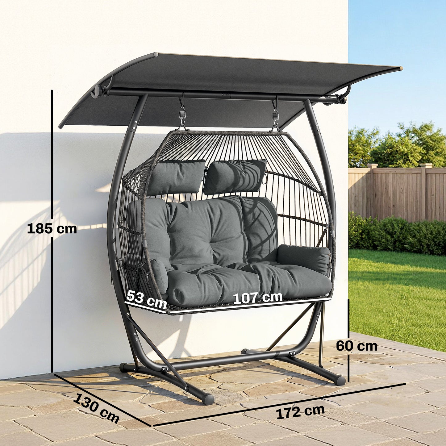 Outsunny Double Hanging Egg Chair With Canopy Stand For Indoor Outdoor Rattan Garden Swing Chair Dark Grey Cushion
