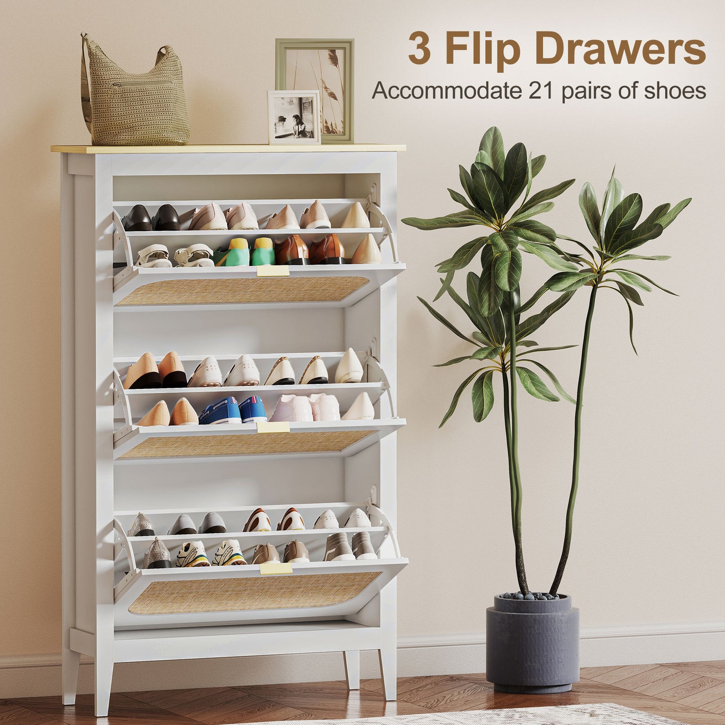 HOMCOM Narrow Shoe Cabinet Boho Slim Shoe Storage With 3 Flip Drawers Holds 21 Pairs White