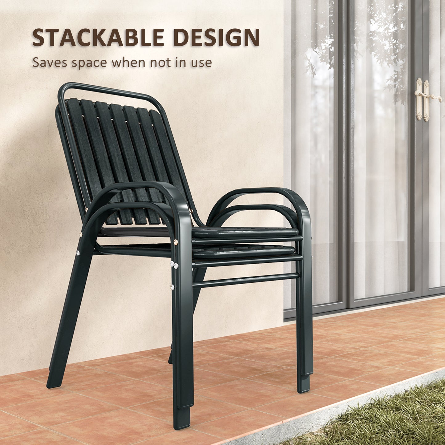 Outsunny 3 Piece Patio Bistro Set With Stackable Chairs And Tempered Glass Table For Balcony Garden Charcoal Grey