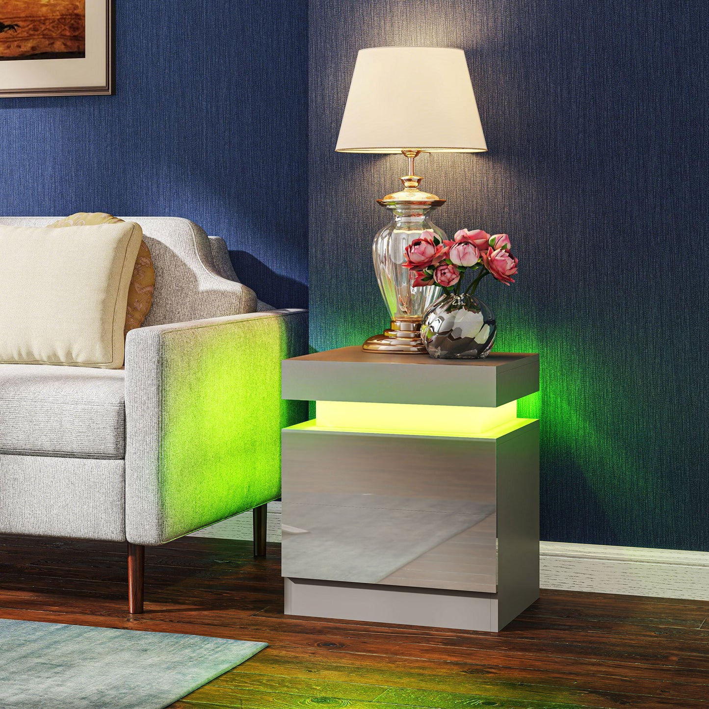 HOMCOM Grey Bedside Table With LED Light Panel And Bluetooth Music Sync High Gloss Front Nightstand With 2 Drawers