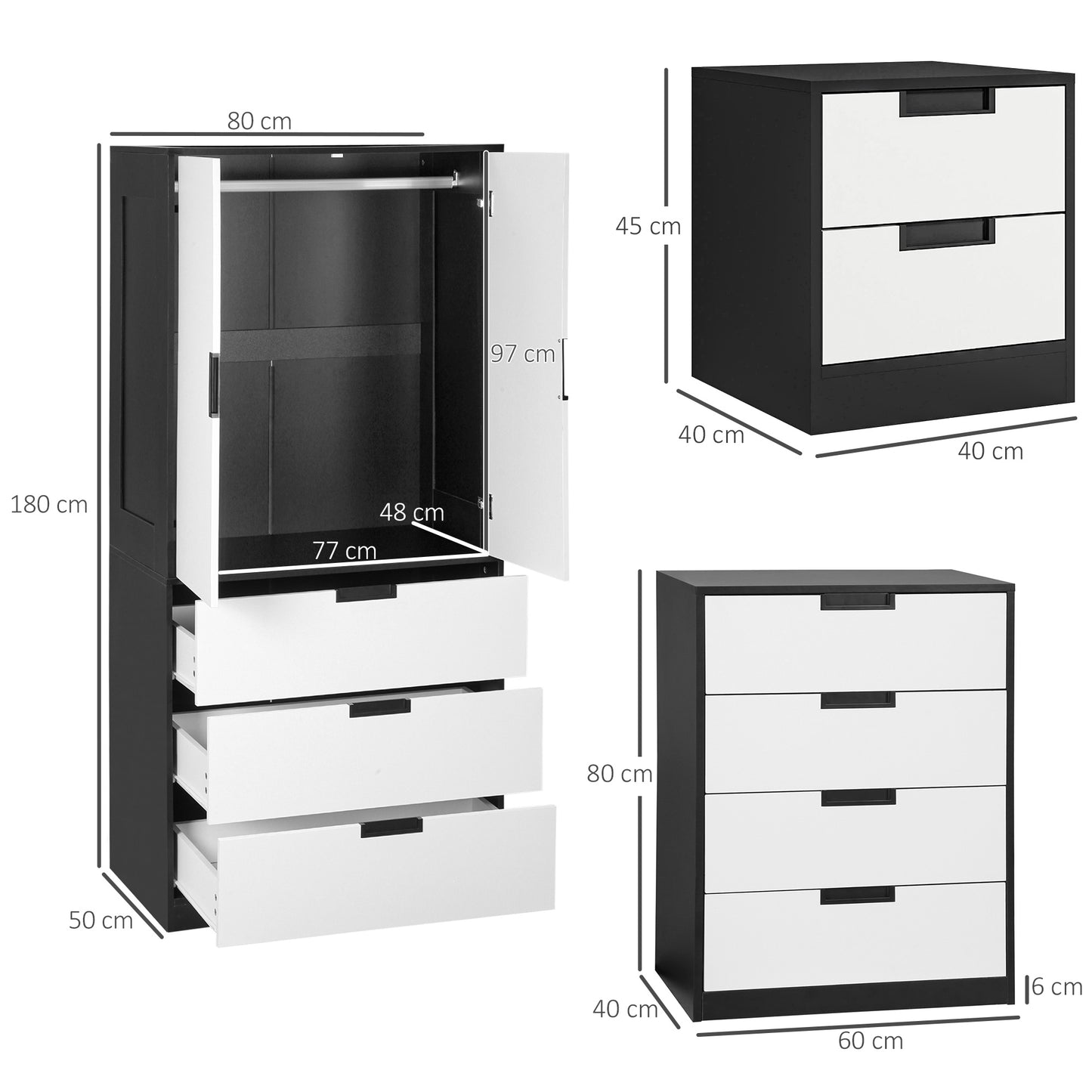 HOMCOM Bedroom Furniture Set Wardrobe With Hanging Rod 4 Drawer Chest And 2 Bedside Tables White And Black
