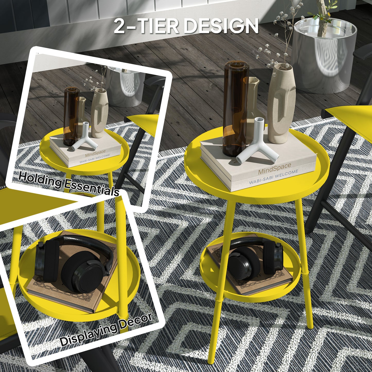 Outsunny Two Tier Metal Garden Table Yellow Indoor Outdoor Weather Resistant Patio Accent