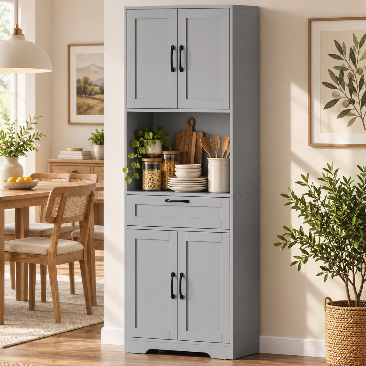 Kitchen pantry cabinet with double doors, drawer, open shelf, and adjustable shelves
