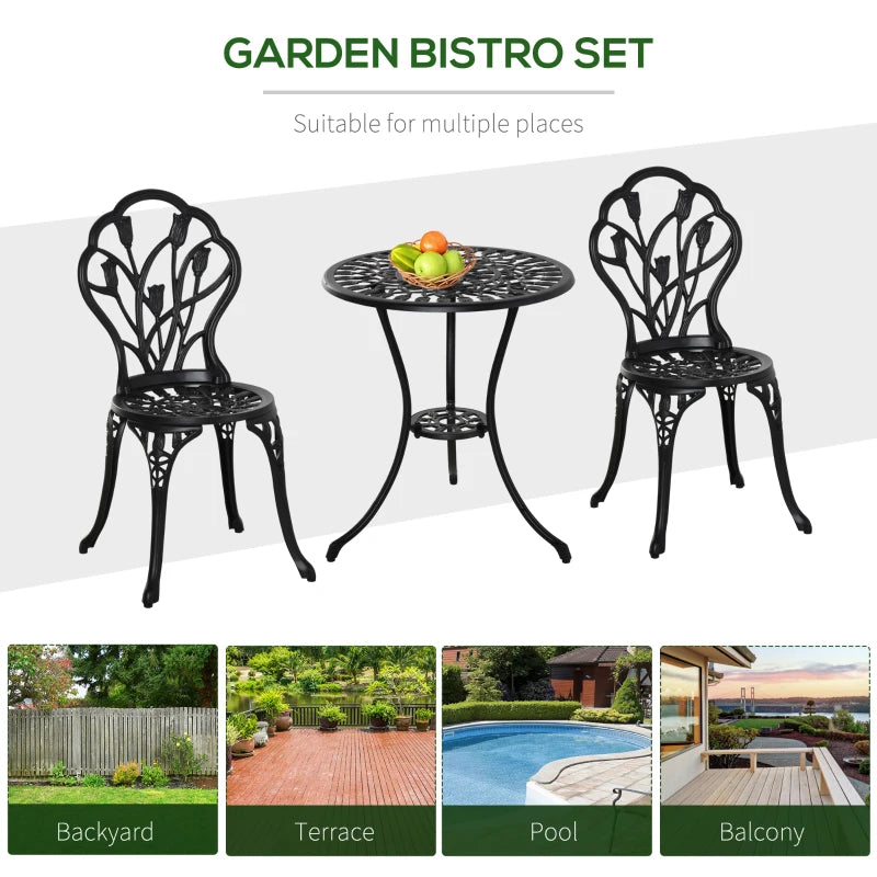 Outsunny 3-Piece Aluminum Floral Bistro Garden Set - Black