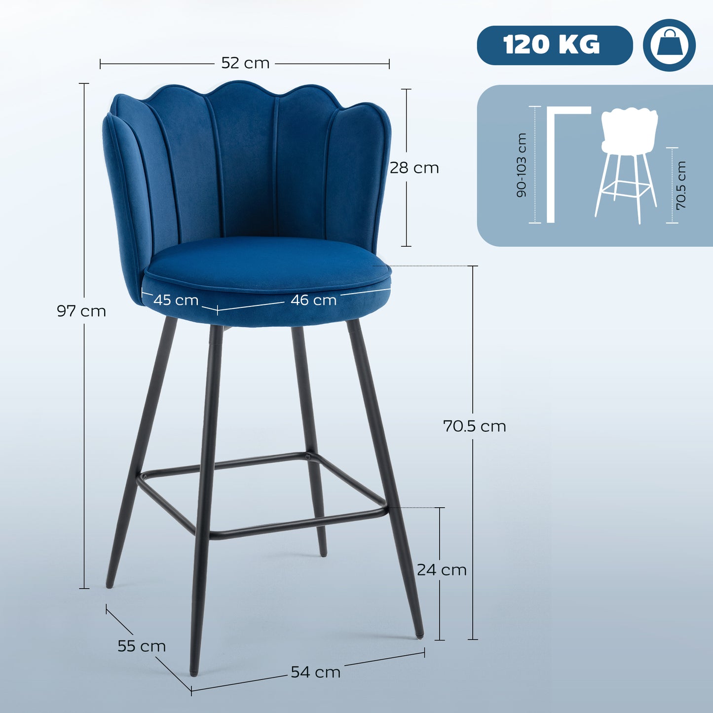 HOMCOM Set Of Two Velvet Lotus Bar Stools In Dark Blue With High Back And Steel Legs