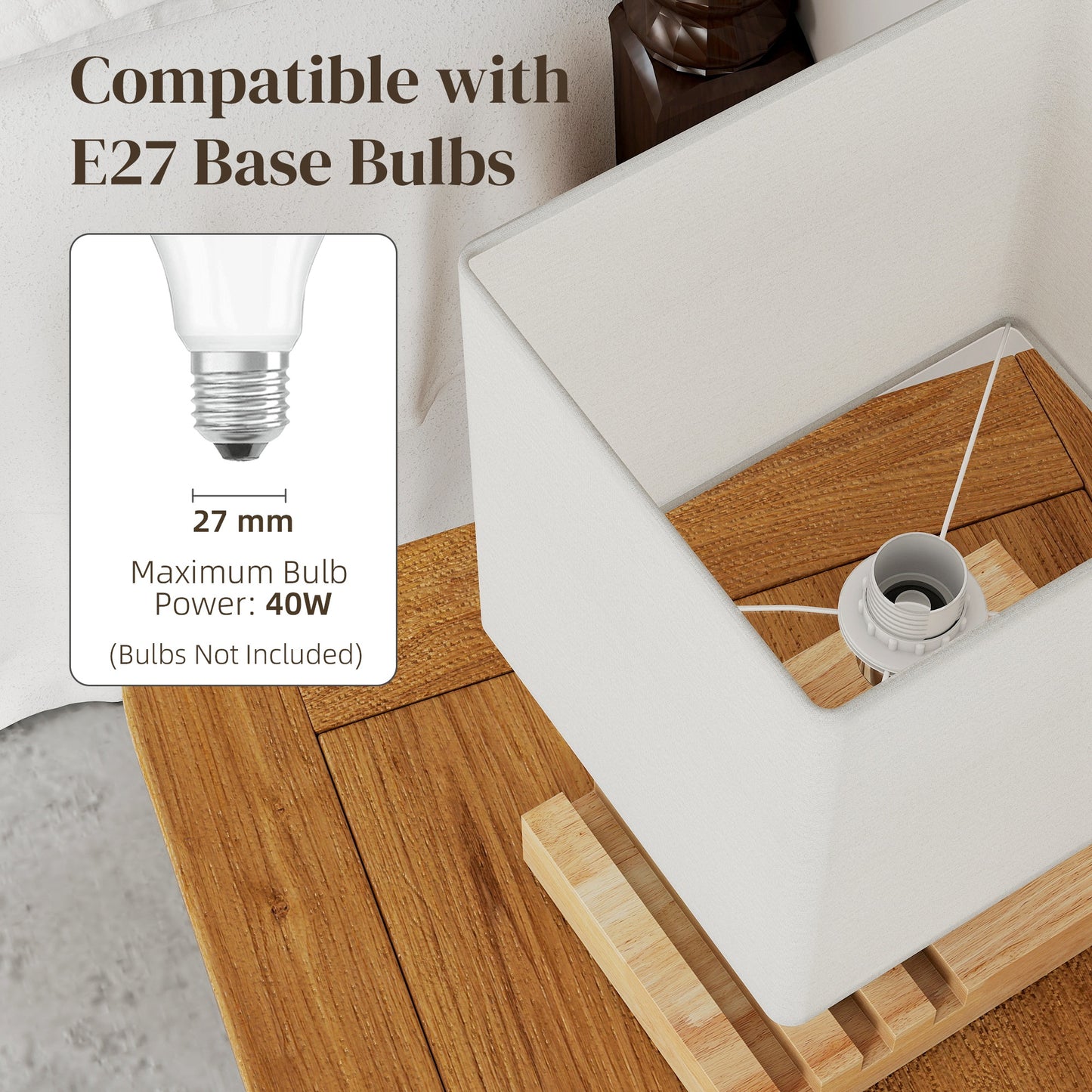 HOMCOM Bedside Lamp With USB A C Ports And Three Phone Stands, Modern Wood Base Fabric Shade E27 Socket, White
