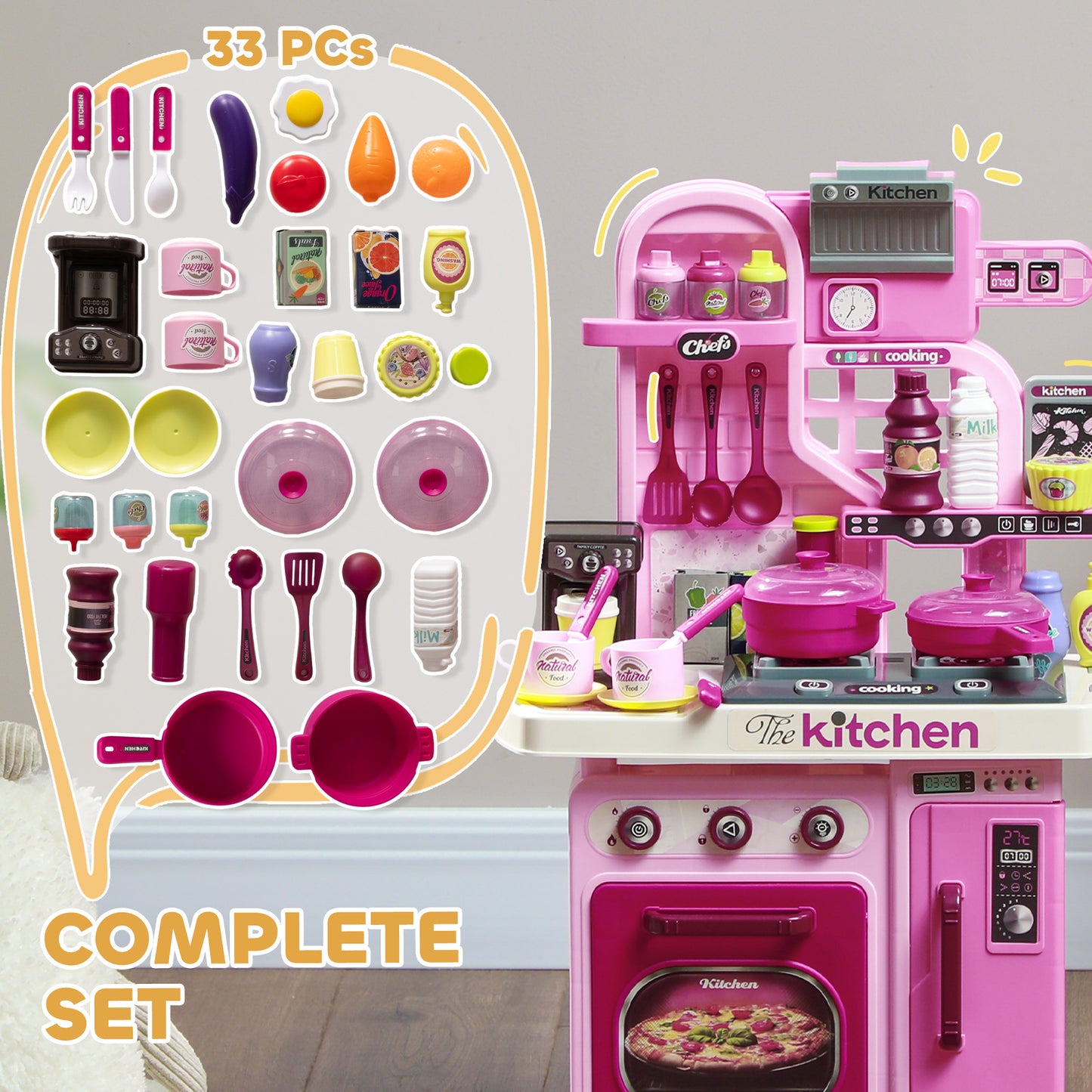 AIYAPLAY 33-Piece Pink Kitchen Playset for Kids with Lights, Sounds, and Storage - Perfect for Ages 3-6