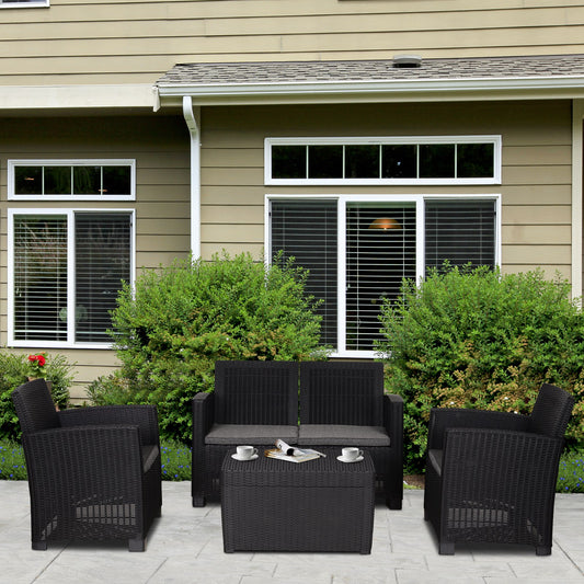 Outsunny Black Rattan-Style Outdoor Sofa Set for 4 - Includes 2 Chairs, 1 Bench, and Coffee Table with Cushions - ALL4U RETAILER LTD