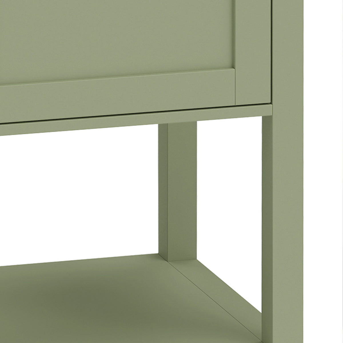 Green cabinet base frame and open compartment under the tabletop.