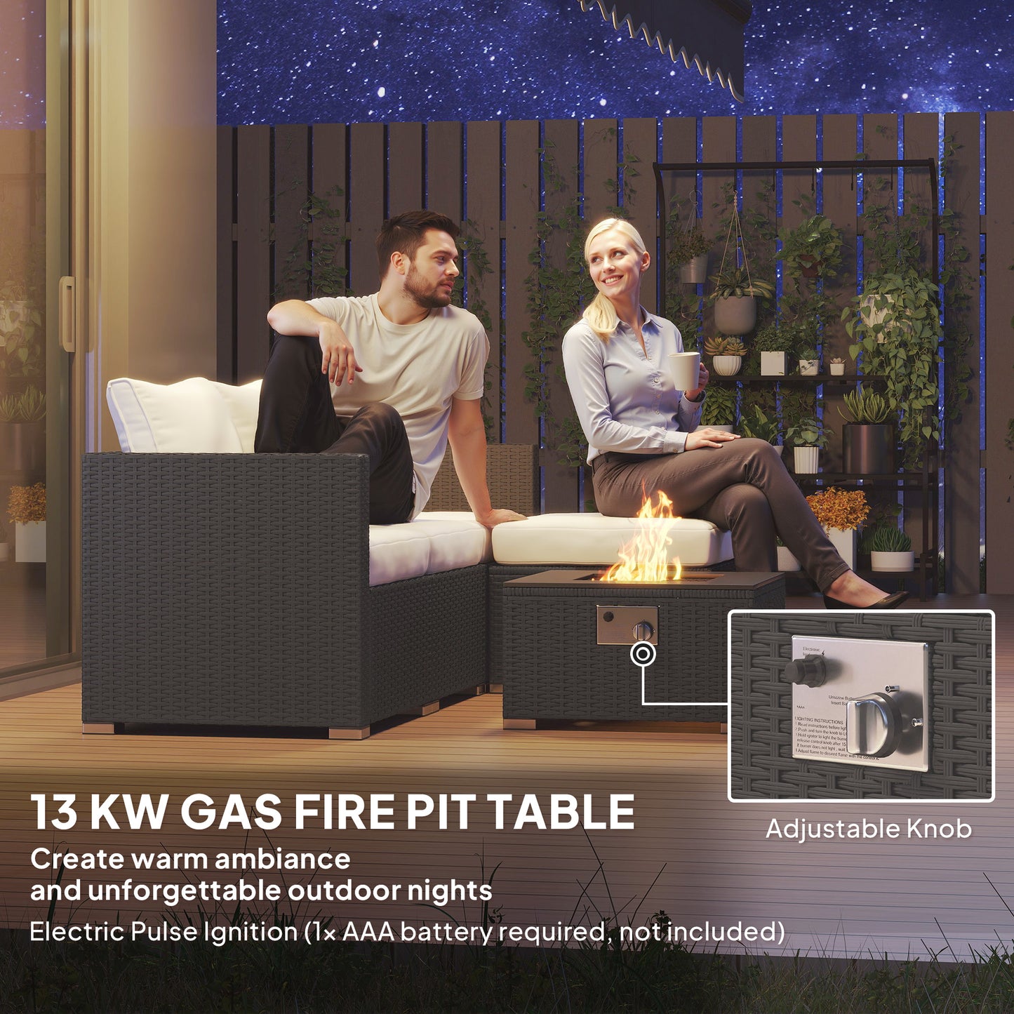 Outsunny Five Piece Rattan Garden Furniture Set With Gas Fire Pit Table And Footstool In Black And Cream White