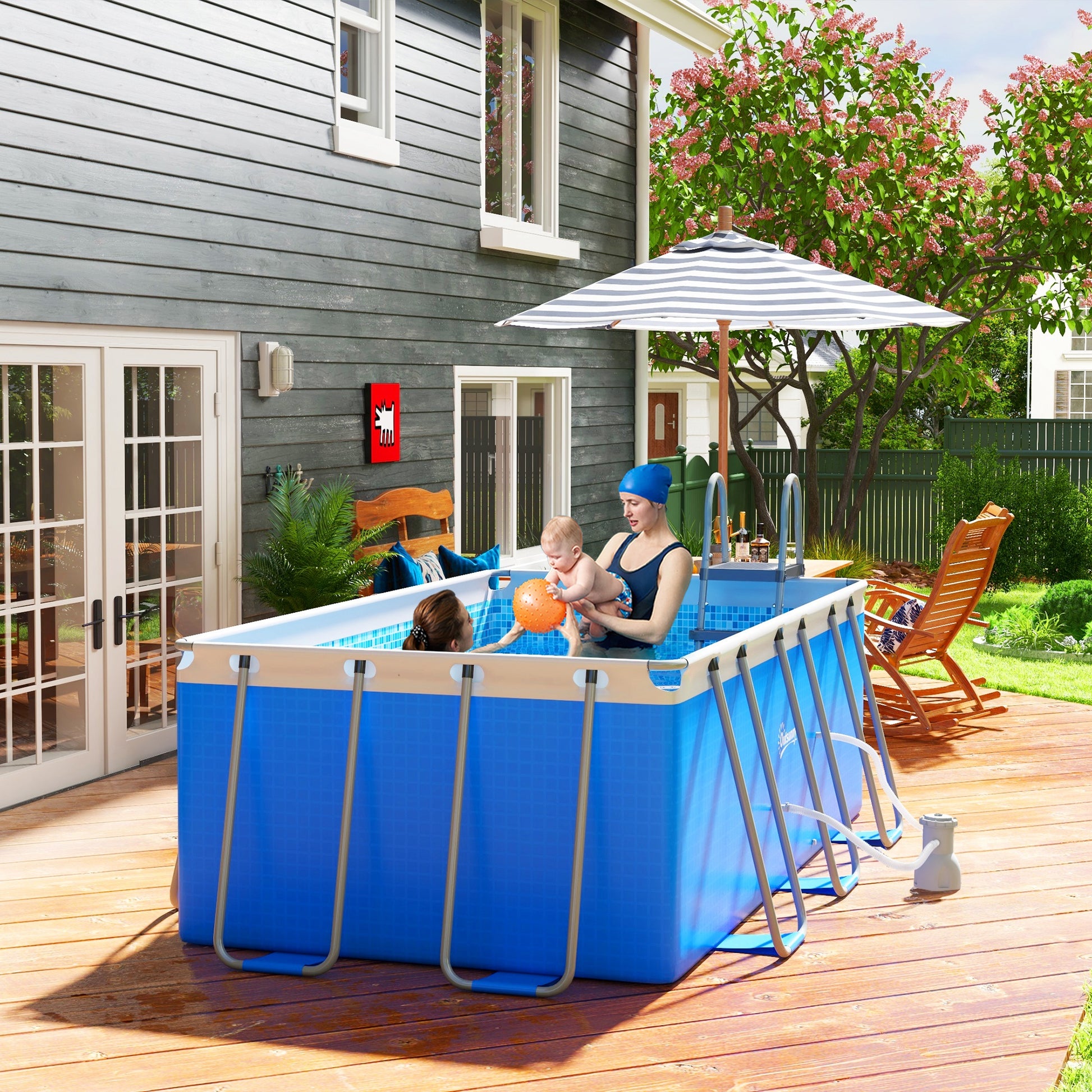 Outsunny 400cm x 207cm Family Above Ground Pool with Anti-Slip Ladder and Filter Pump - Blue - ALL4U RETAILER LTD