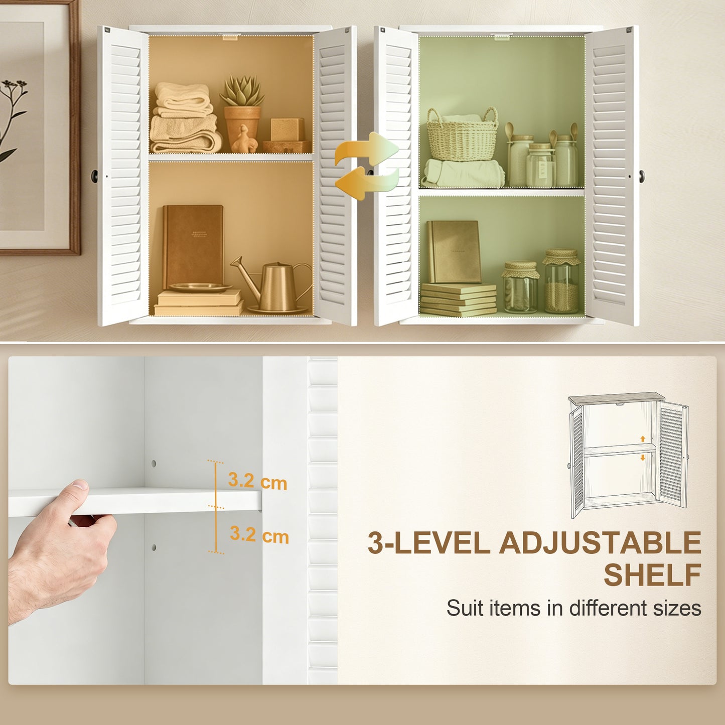 HOMCOM White Bathroom Wall Cabinet With Louvered Doors And Adjustable Shelf For Bathroom Storage