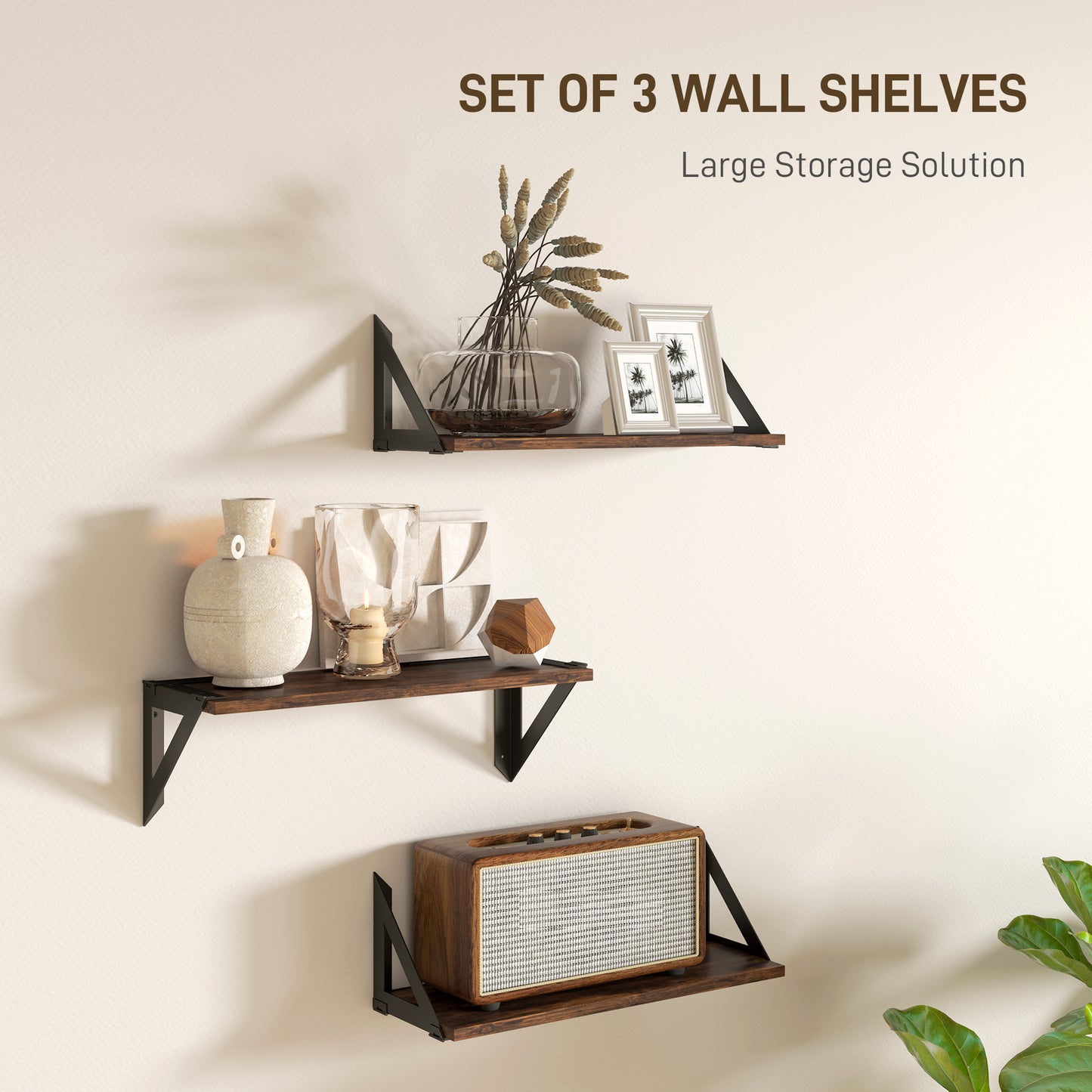 HOMCOM Set Of 3 Rustic Brown Wall Mounted Floating Shelves 43cm Vintage Living Room Entryway Bedroom