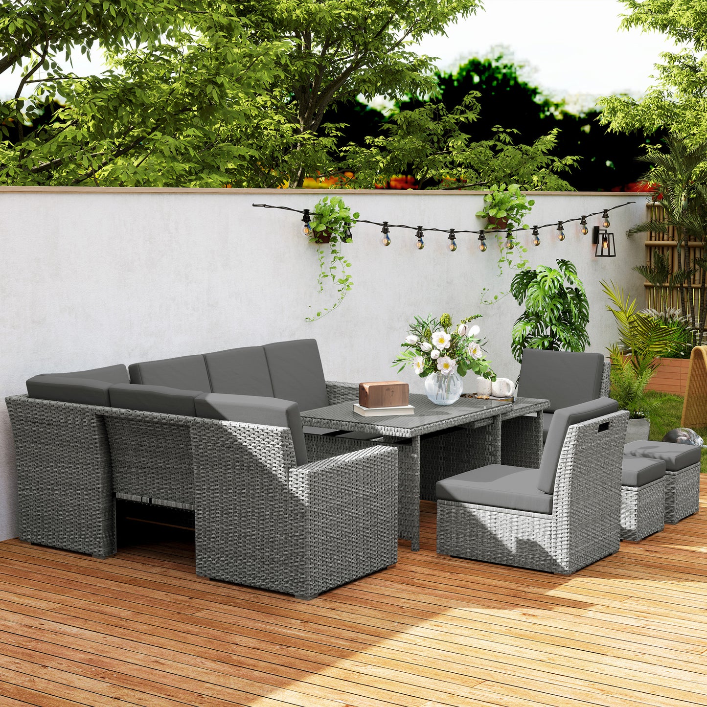 Outsunny Seven Piece Rattan Garden Sofa Set With Expanding Table Light Grey Seats Up To Ten People