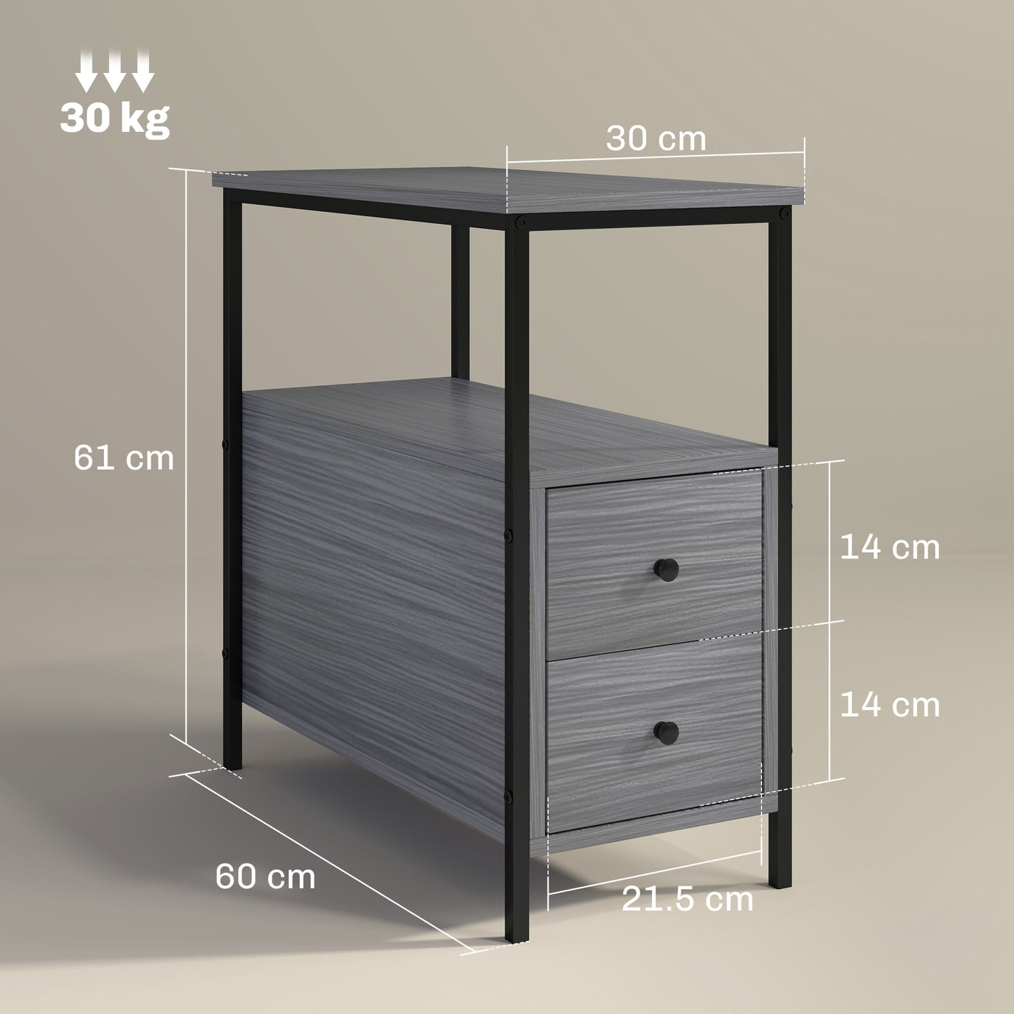 HOMCOM Narrow Bedside Table With 2 Drawers And Storage Shelf Industrial End Table Metal Frame Grey Wood Grain