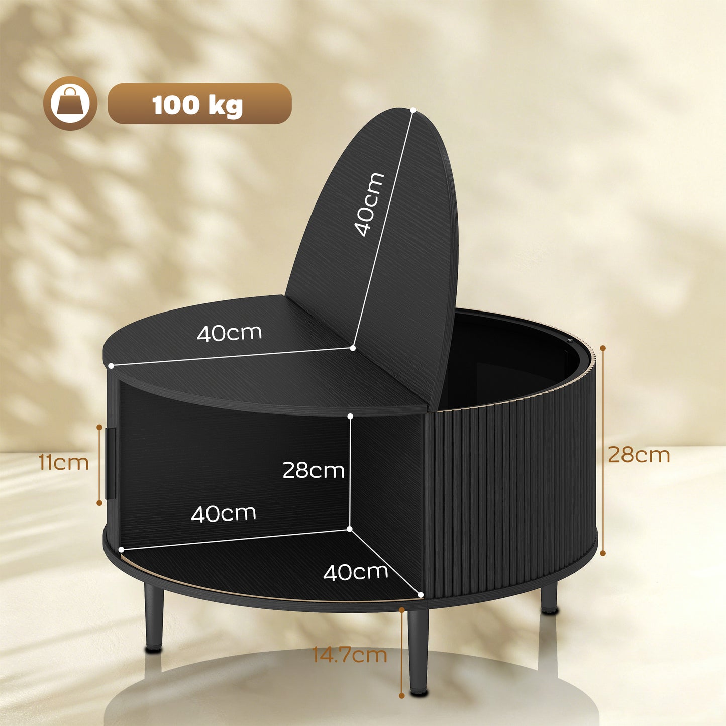HOMCOM Lift Top Round Coffee Table With Hidden Storage And Fluted Sliding Door 80 cm Black Wood Effect