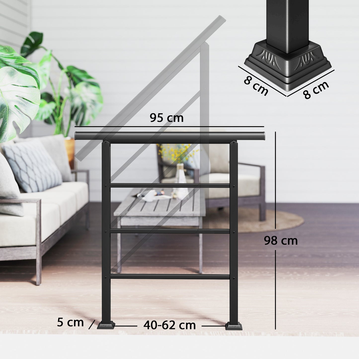 Outsunny Outdoor Handrail for Stairs Adjustable 0 to 45 Degrees Wrought Iron Exterior Stair Railing for 1 to 3 Steps
