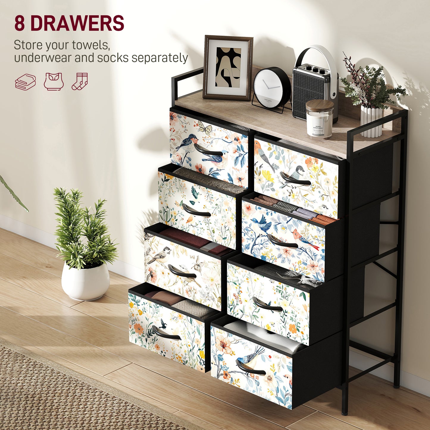 HOMCOM Eight Drawer Fabric Chest Of Drawers White With Removable Foldable Drawers And Patterned Panels