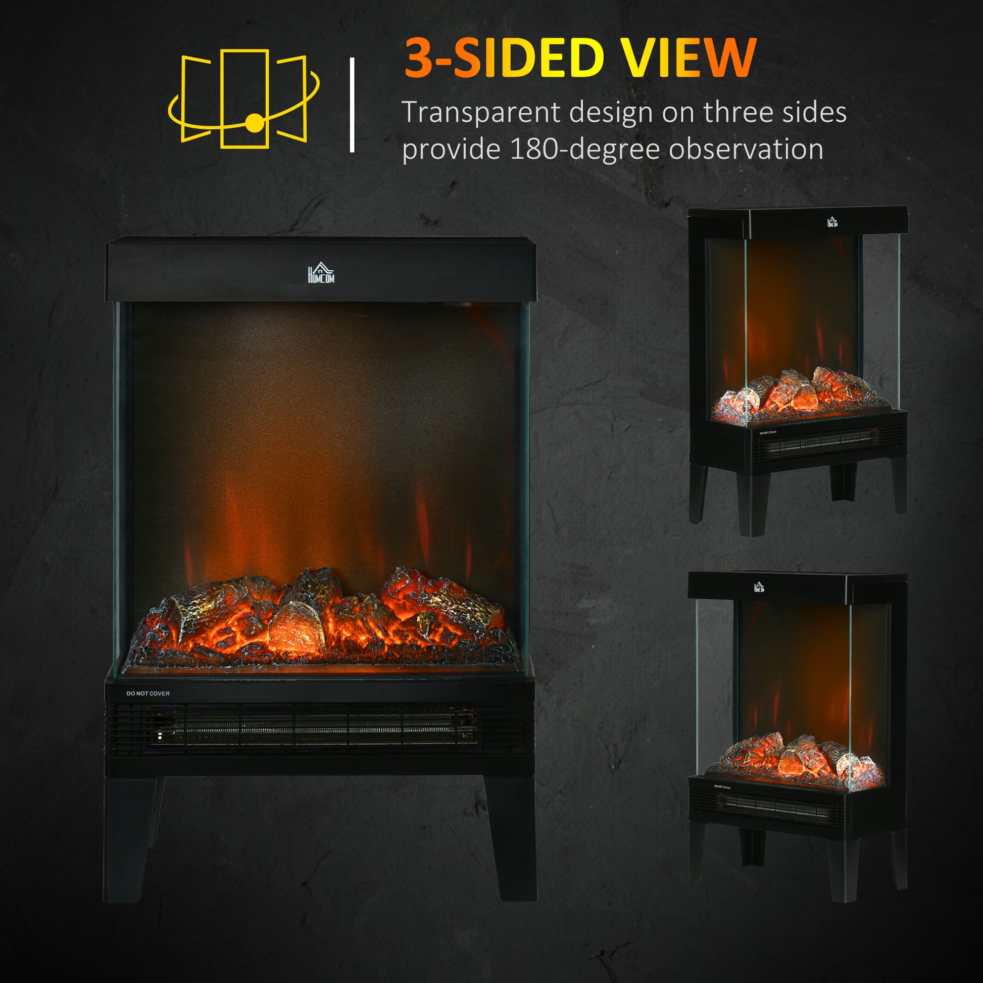 HOMCOM 180° Charming Electric Fireplace Heater, Quiet Freestanding Stove, Black - ALL4U RETAILER LTD