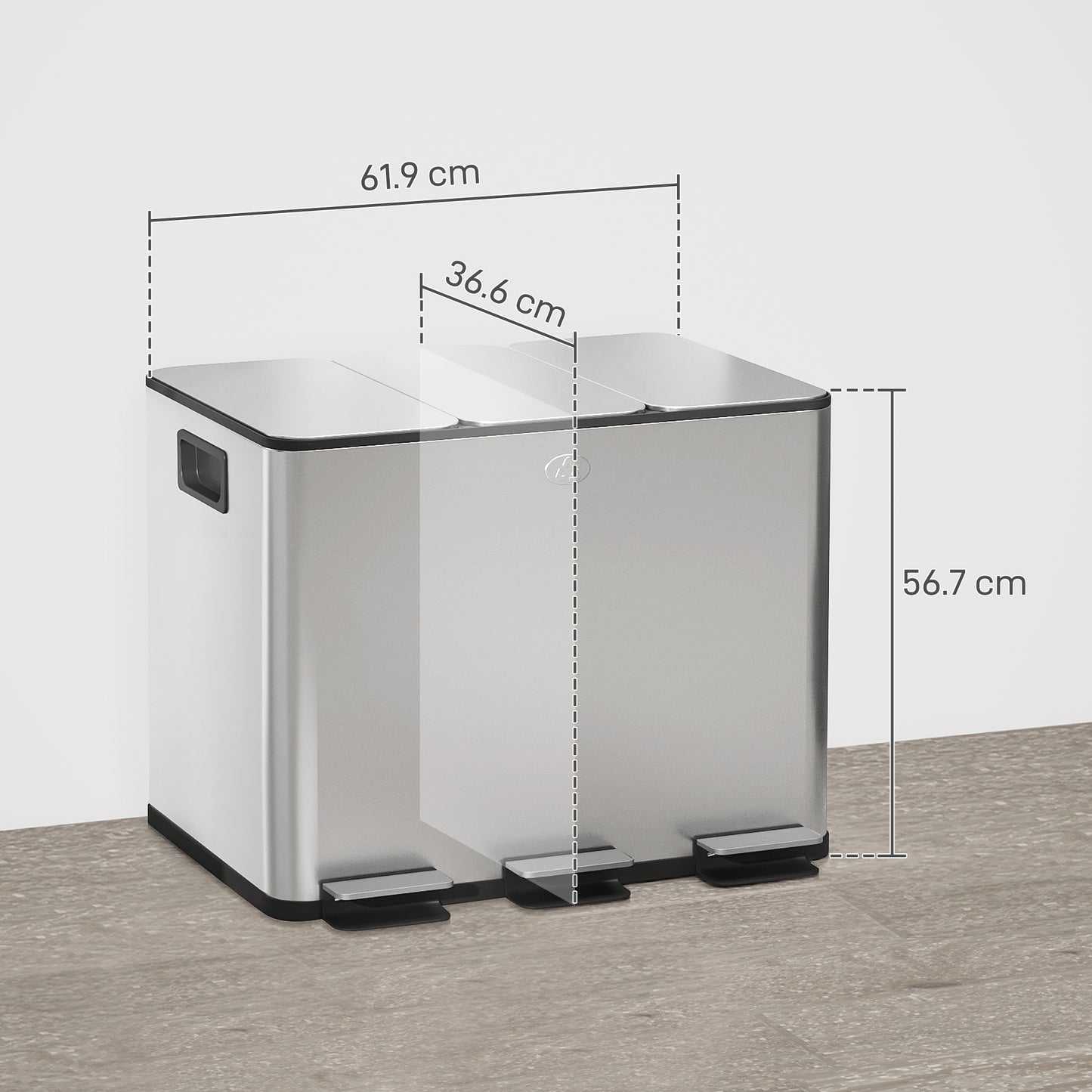 HOMCOM Triple 20L Pedal Bin Stainless Steel With Soft Close Lid And Removable Inner Buckets Silver
