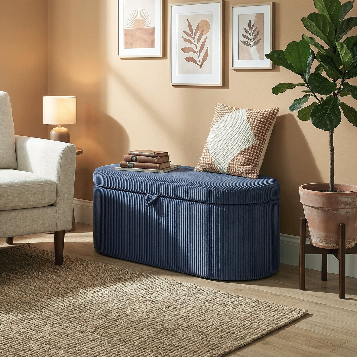HOMCOM Corduroy Upholstered Storage Ottoman With Padded Seat 105 x 51 x 49 cm Blue