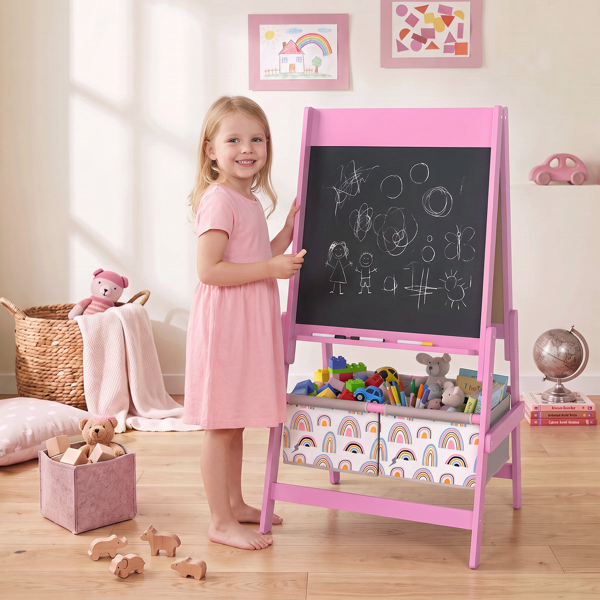 Pink kids art easel with chalkboard panel and rainbow-pattern storage bins