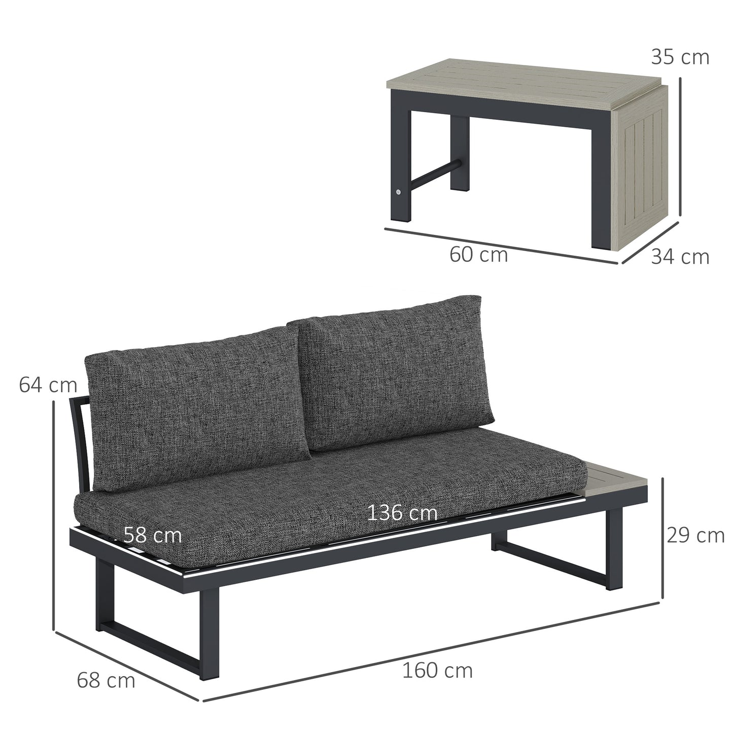 Outsunny 4 Seater L Shaped Aluminium Garden Furniture Set With 2 Loveseats And Wood Plastic Coffee Table Dark Grey