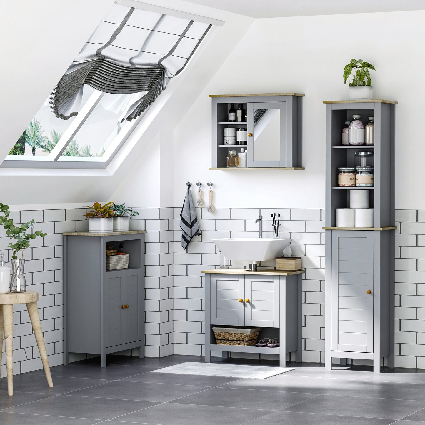 Kleankin Grey Bathroom Floor Cabinet Free Standing Cupboard With Double Doors And Adjustable Shelf