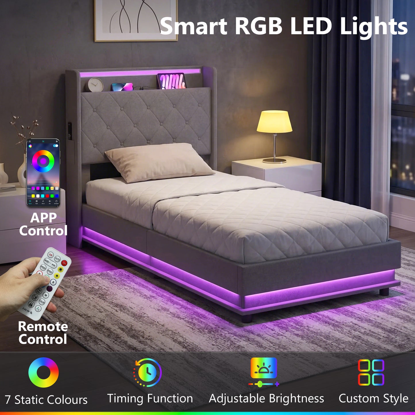 HOMCOM 3ft Single Bed Frame With Headboard And Hydraulic Storage RGB LED Lights And Charging Station Grey