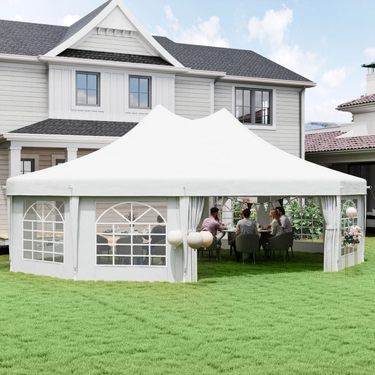 Outsunny 10 Sided Decagonal Garden Gazebo Marquee Party Tent Canopy With Durable Metal Frame 8.9m x 6.5m White