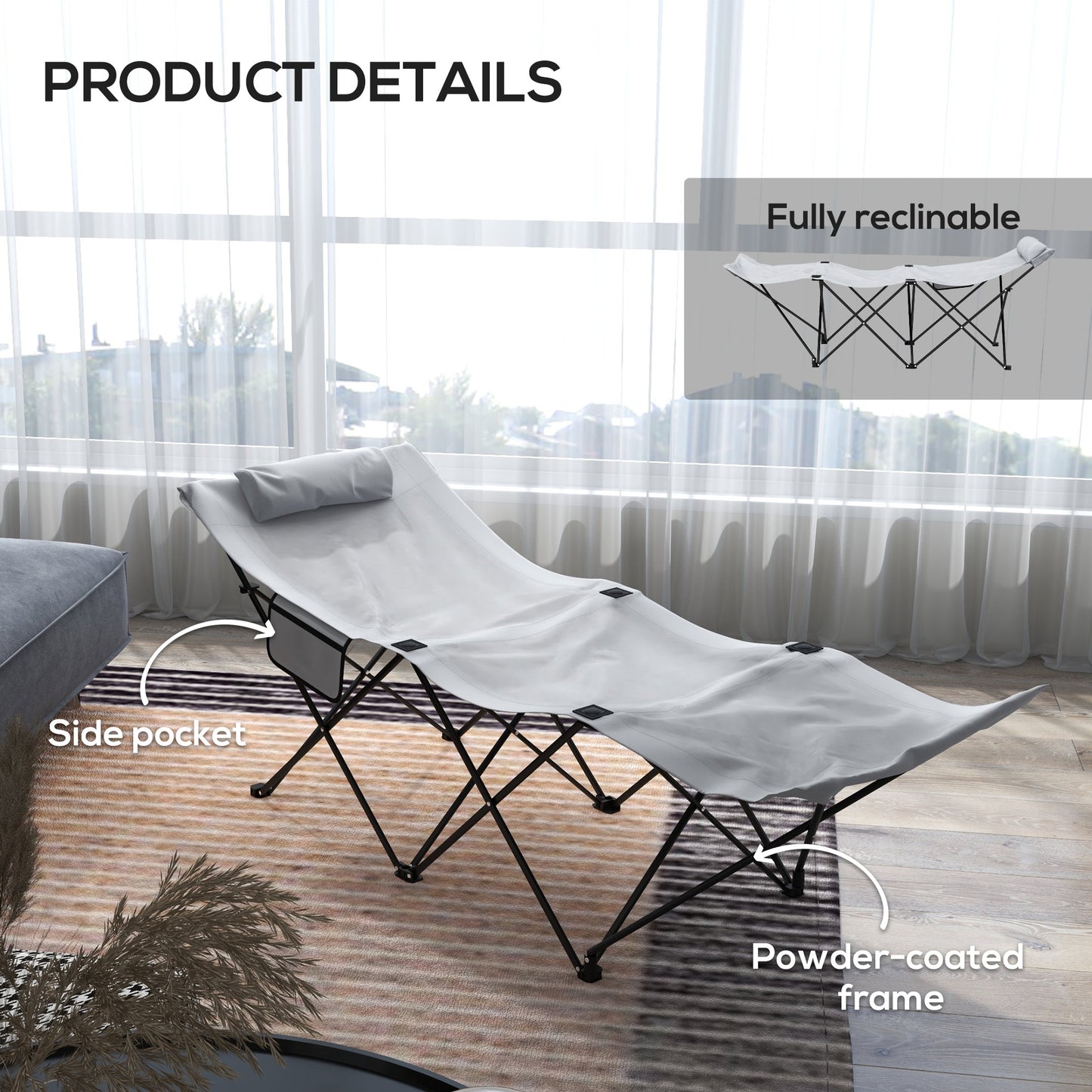 Outsunny Versatile Foldable Sun Lounger with Padded Headrest & Storage Pocket in Light Grey - ALL4U RETAILER LTD