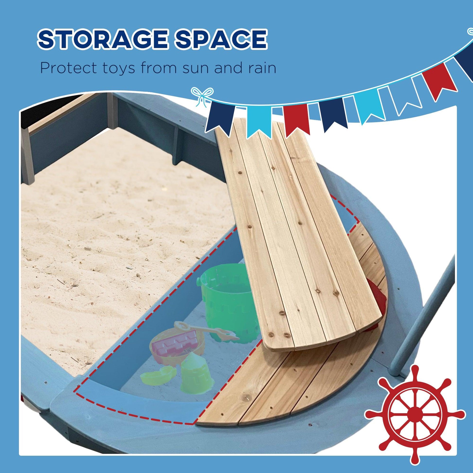 Outsunny Wooden Kids Sandbox Pirate Ship Design Blue - ALL4U RETAILER LTD