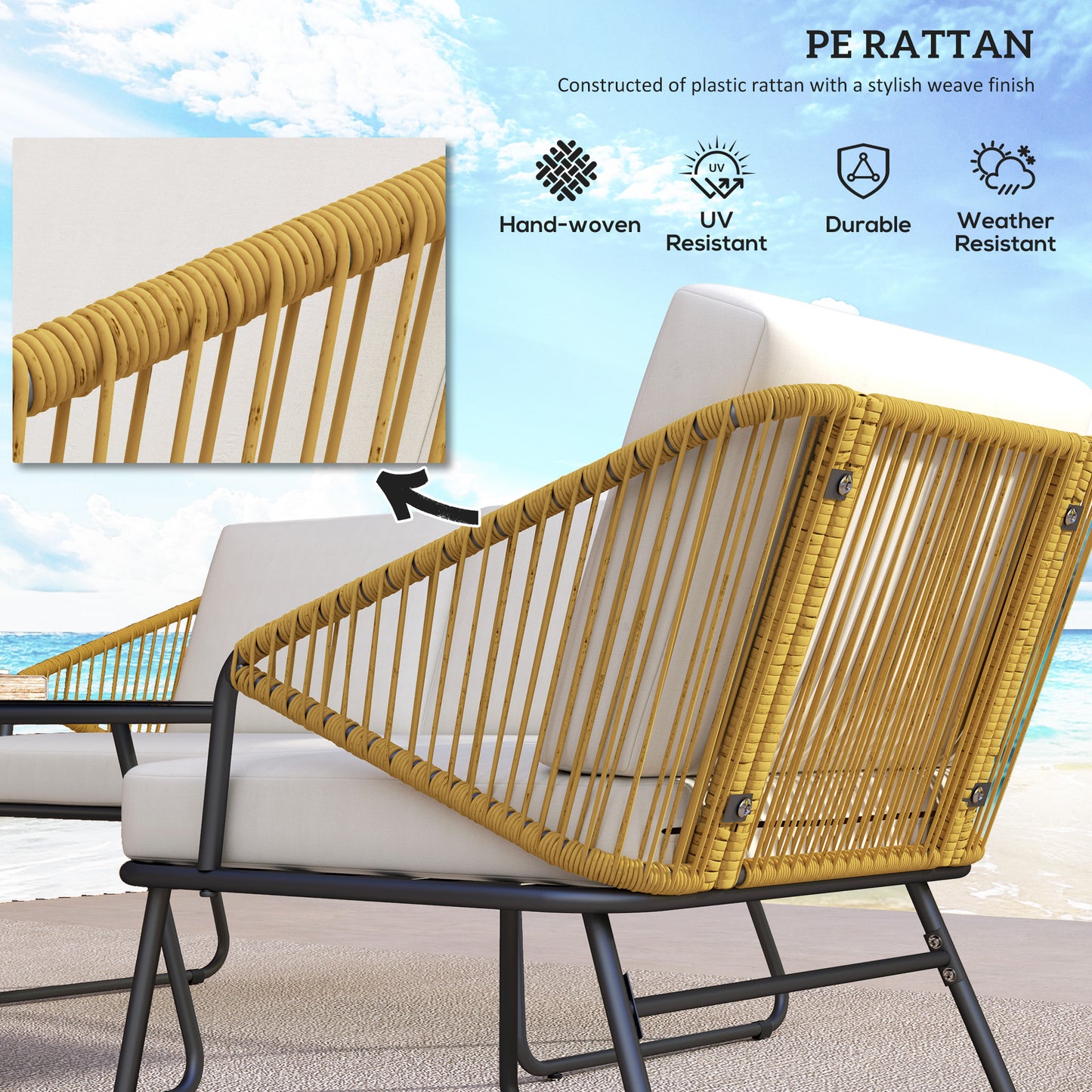 Outsunny Four Piece Rattan Outdoor Sofa Set With Coffee Table Natural Finish For Patio Powder Coated Steel Frame