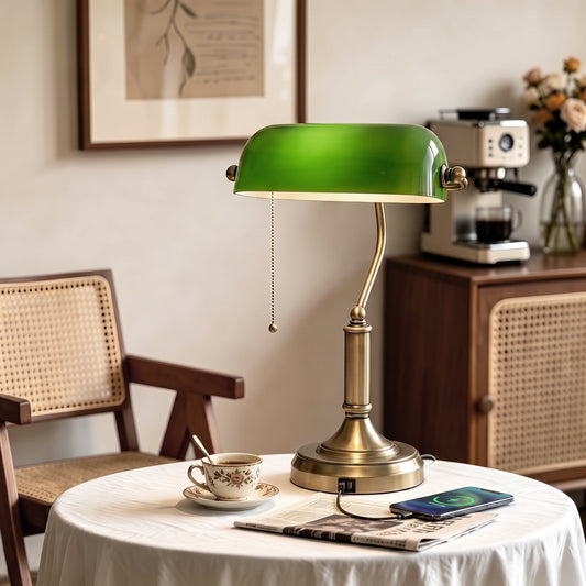 Green glass banker desk lamp with vintage bronze base and pull-rope switch