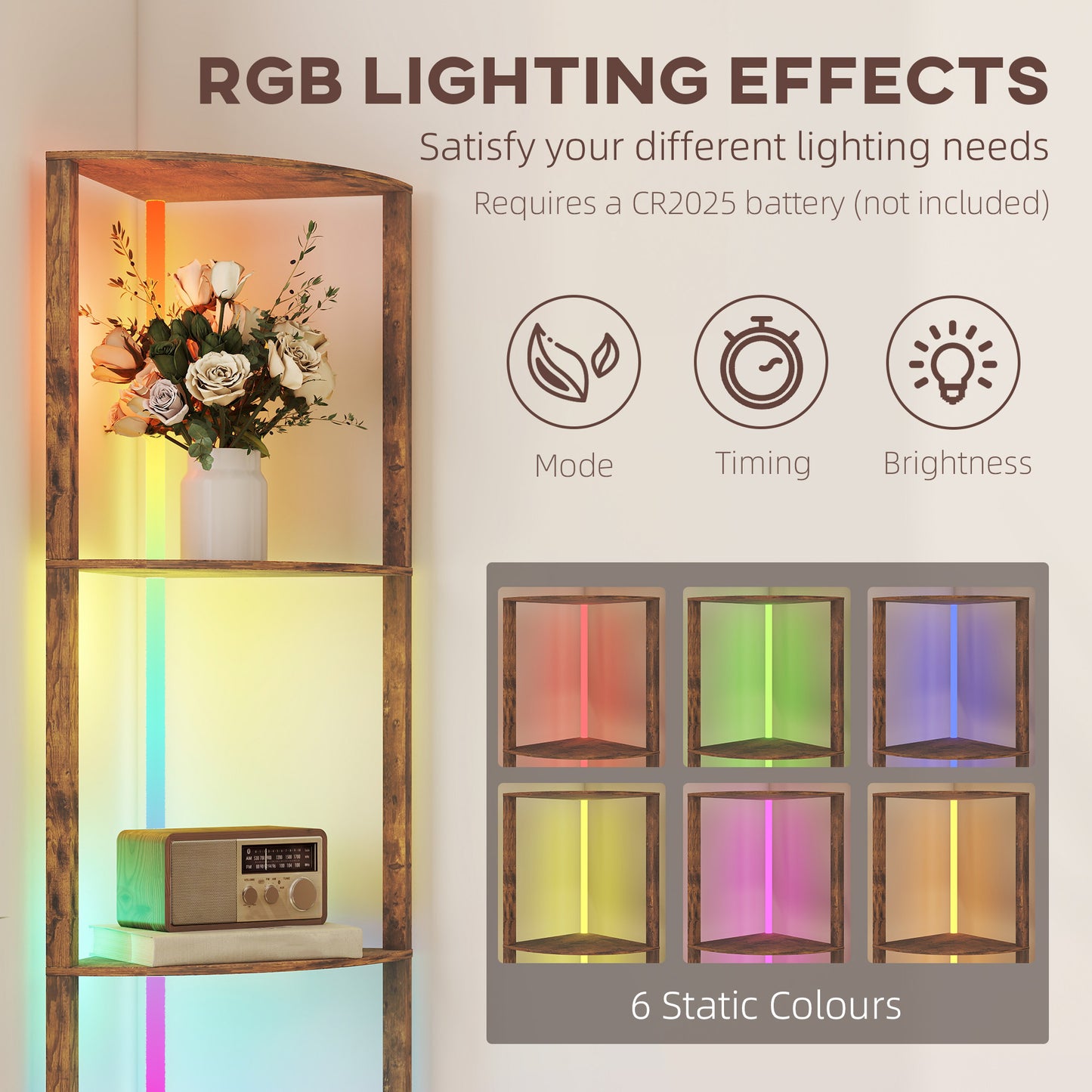 HOMCOM RGB Standing Lamp With Shelves Multi Tier LED Floor Lamp With RGB Lighting Modes Rustic Brown