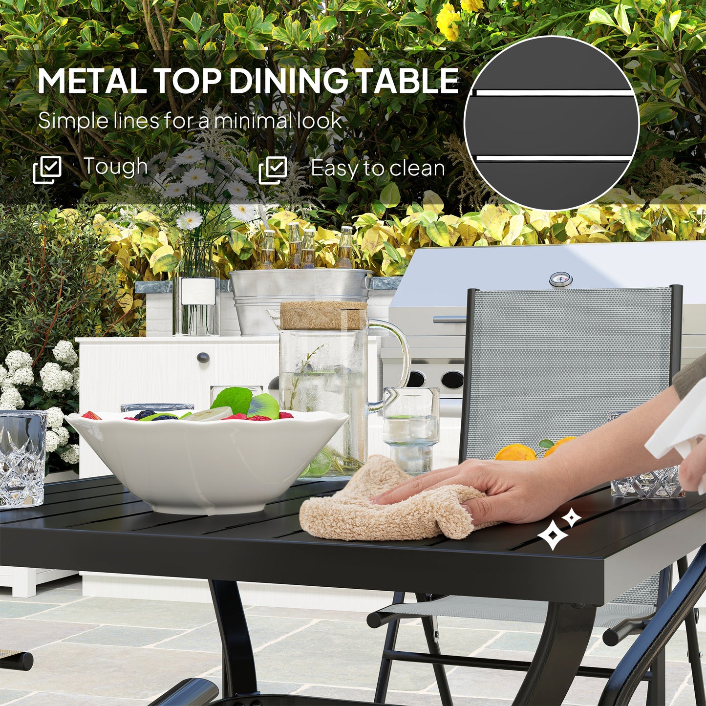 Outsunny Five Piece Steel Frame Patio Dining Set With Square Table And Folding Chairs Grey And Black
