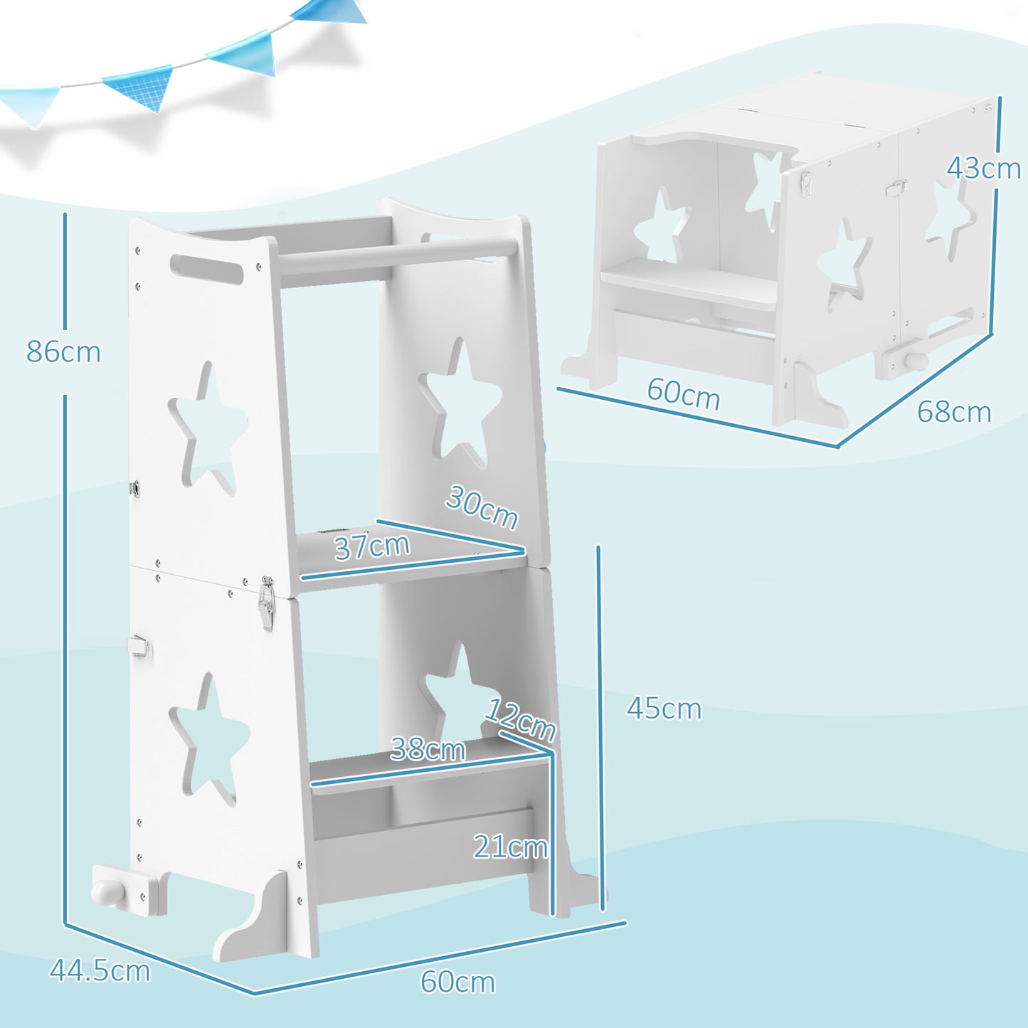 AIYAPLAY 2 In 1 Toddler Step Stool With Safety Rail For Kitchen And Bathroom White