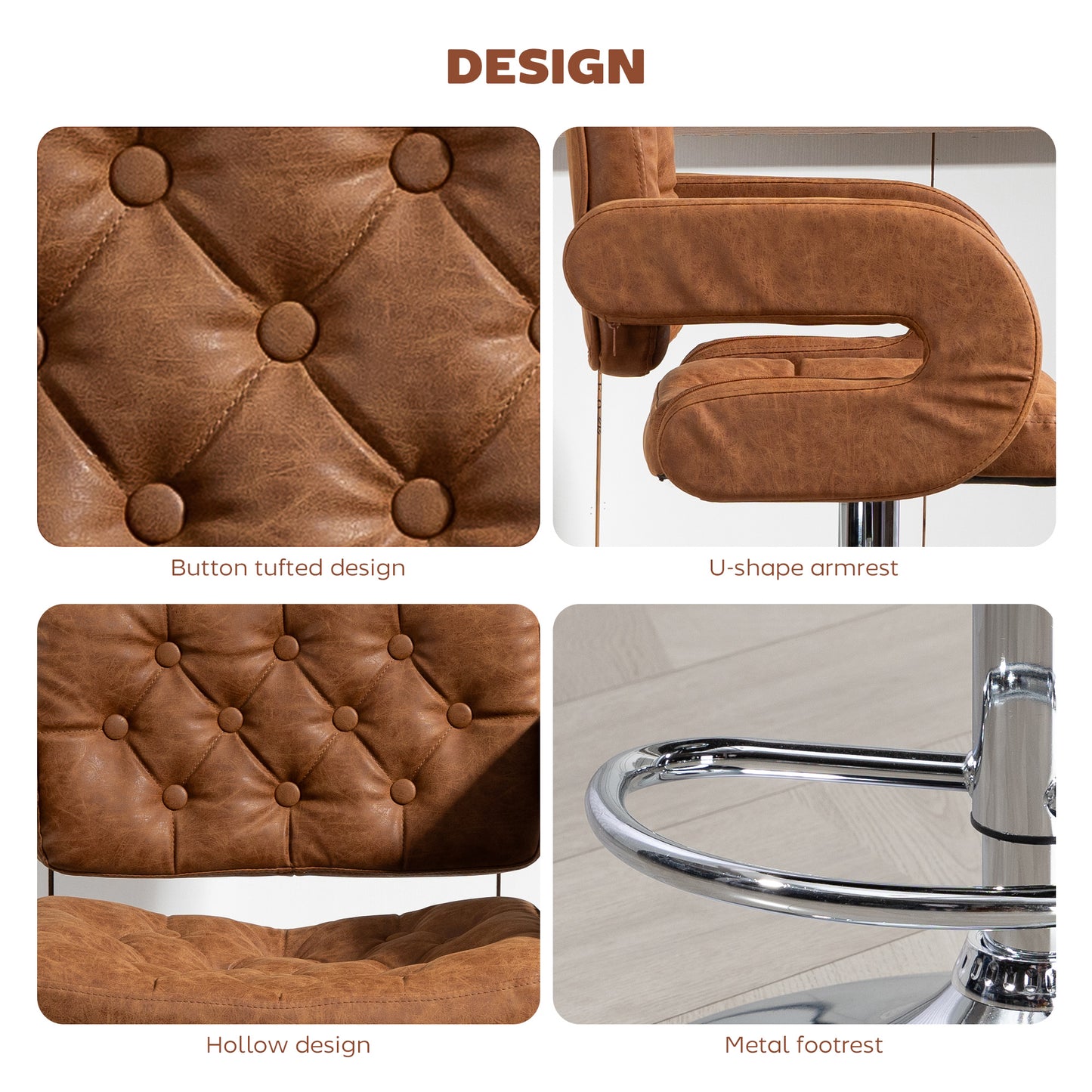 Homcom PU Leather Swivel Bar Stool With Back And Armrest Height Adjustable Footrest Brown Chrome Base
