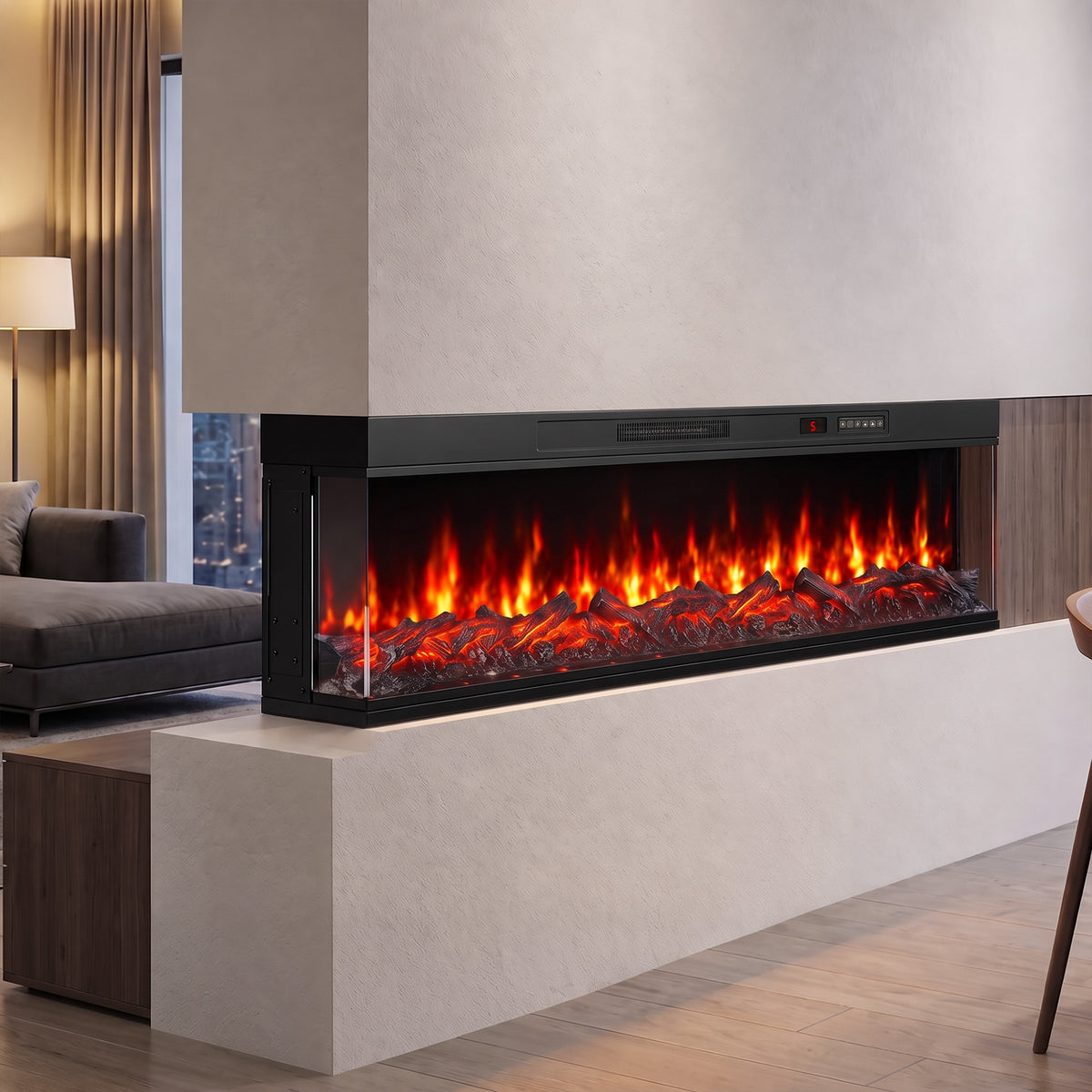 Freestanding electric fireplace insert with panoramic flames in a light-colored base