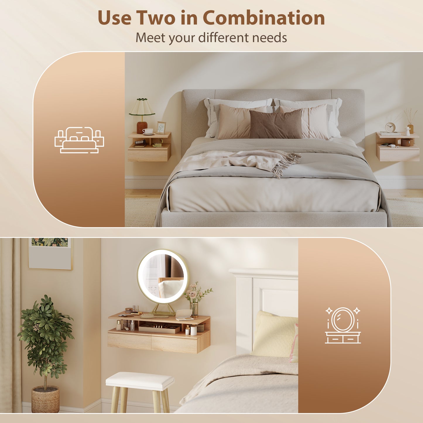 HOMCOM Set Of Two Floating Oak Bedside Tables With Drawers Open Shelf And Space Saving Design