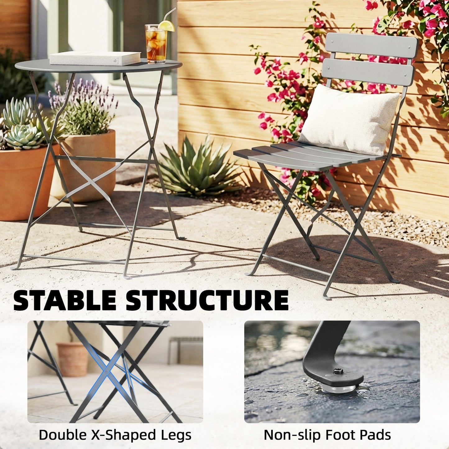 Outsunny Folding Garden Bistro Set For 2 With Round Table And Chairs Electrophoresis Metal Frame Grey