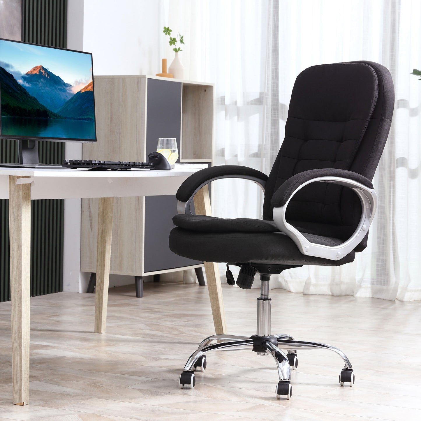 Vinsetto Adjustable Swivel Task Chair with Armrests and Linen Upholstery in Black for Home Office - ALL4U RETAILER LTD